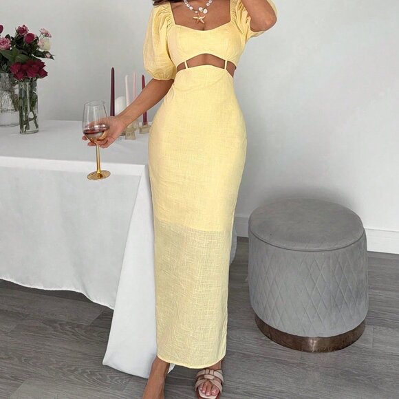 Light Yellow Casual Women's Sweetheart Neckline Puff Sleeve Sundress - Picture 4 of 5